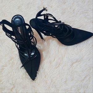 Revamped faux suede, black pumps. 4.5 inches heels. US size 8